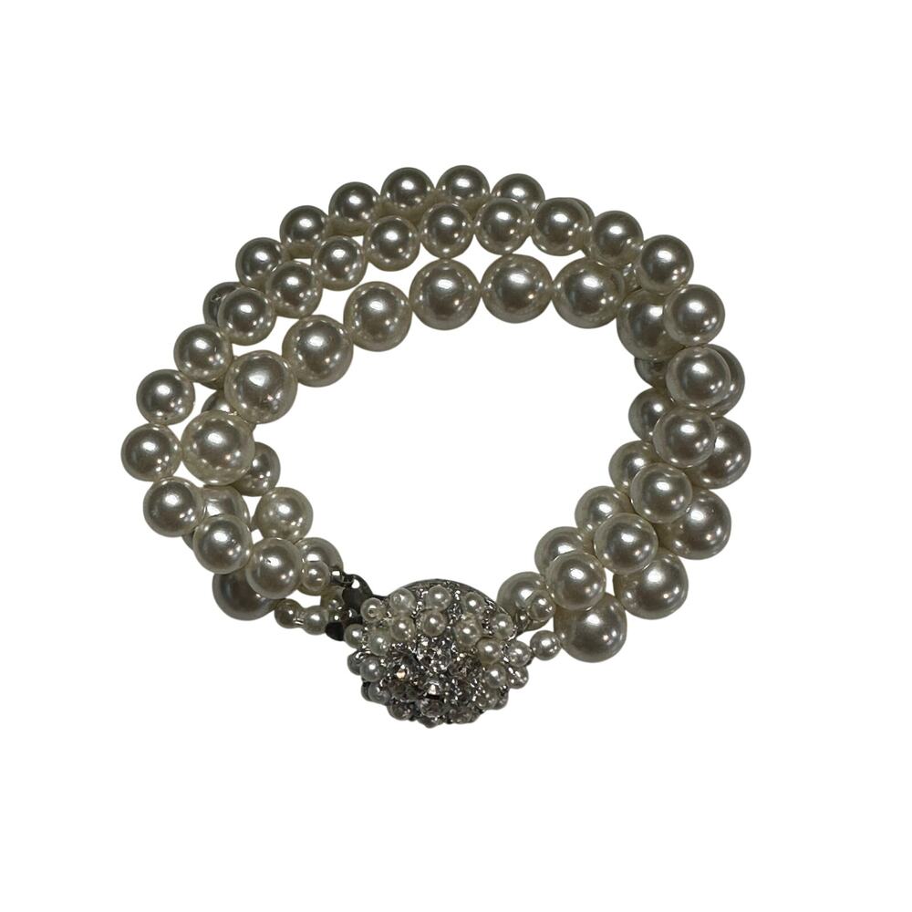 3 Strand Faux Pearl Bracelet Crystal Pearl Statement Elegant Hollywood Glam
